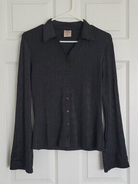 Vintage 90s Copper Key Black Long-Sleeve Shimmer Button Down Shirt Sz M fits XS